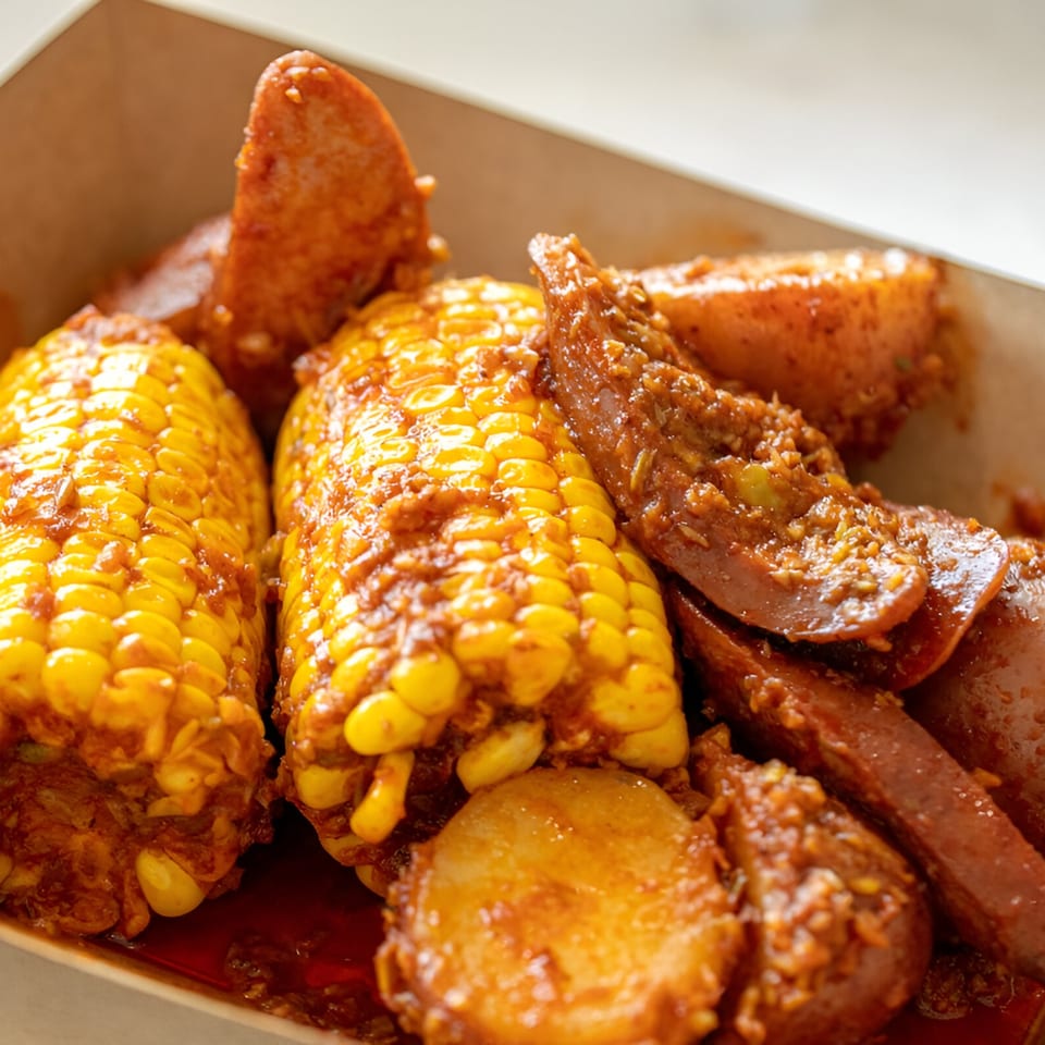 Boil Daddy's Cajun seafood boil with corn on the cob, potatoes, and sausage in a takeout container.