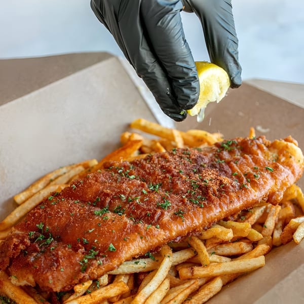 A gloved hand squeezes a lemon over a large piece of fried fish and french fries in a takeout box.